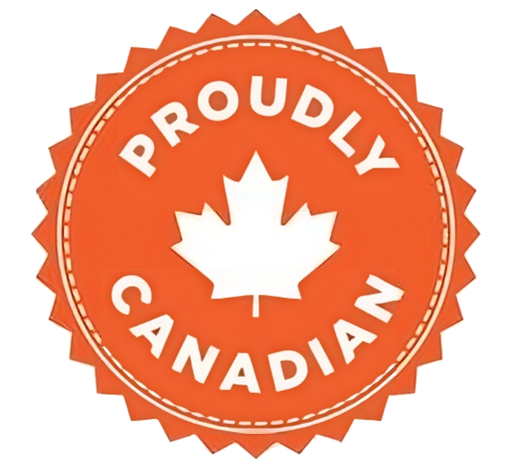 Proudly Canadian badge with a maple leaf emblem.